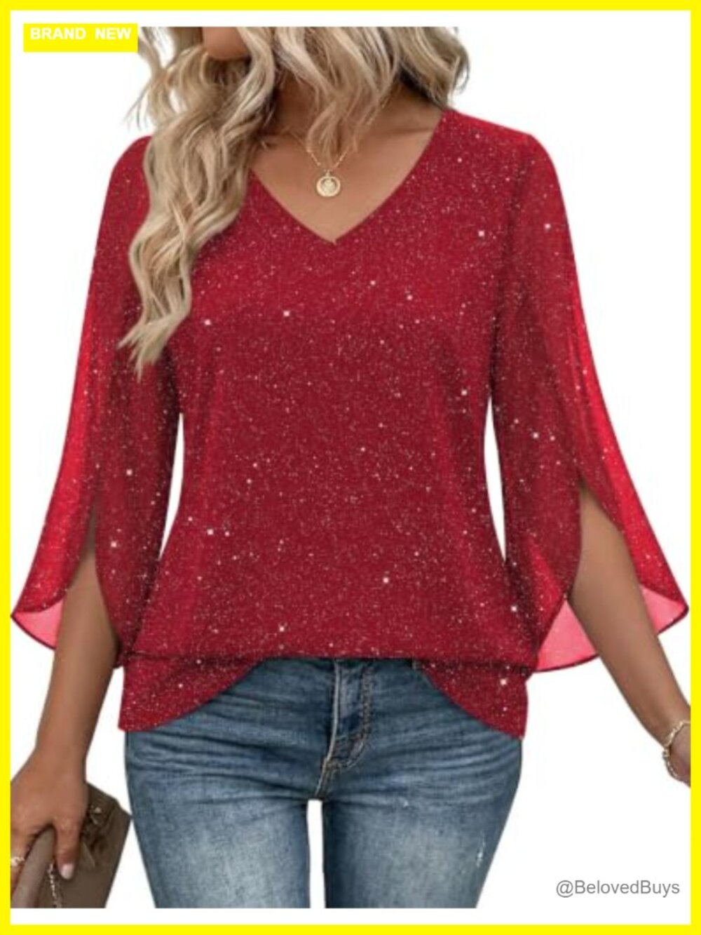 Zeagoo Womens Ruffle 3/4 Sleeve Sequin Blouse V Neck Double Layer Tunic Top